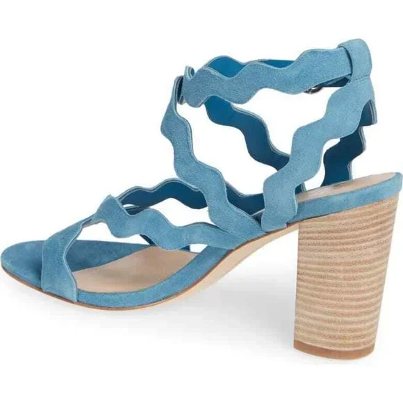 PAIGE Blue Sage Scalloped Strappy Sandals Block Heel Suede 7 NEW - Picture 2 of 12